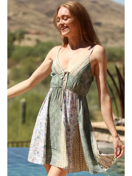 Sage Mixed Print Godet Sundress