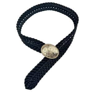 Woven Wide Waist Belt with Gold Engraved Medallion in Black