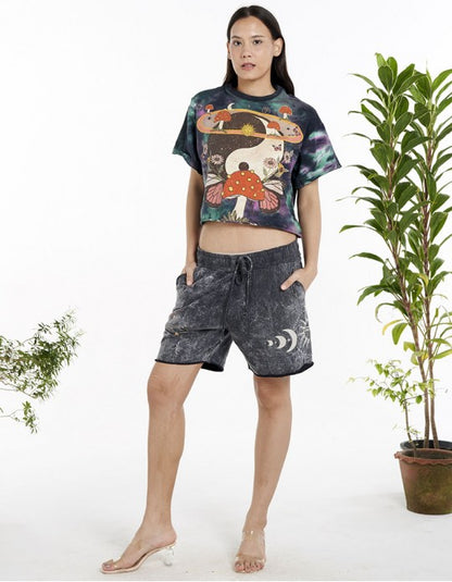Sun Moon Phase Print Stonewashed Shorts