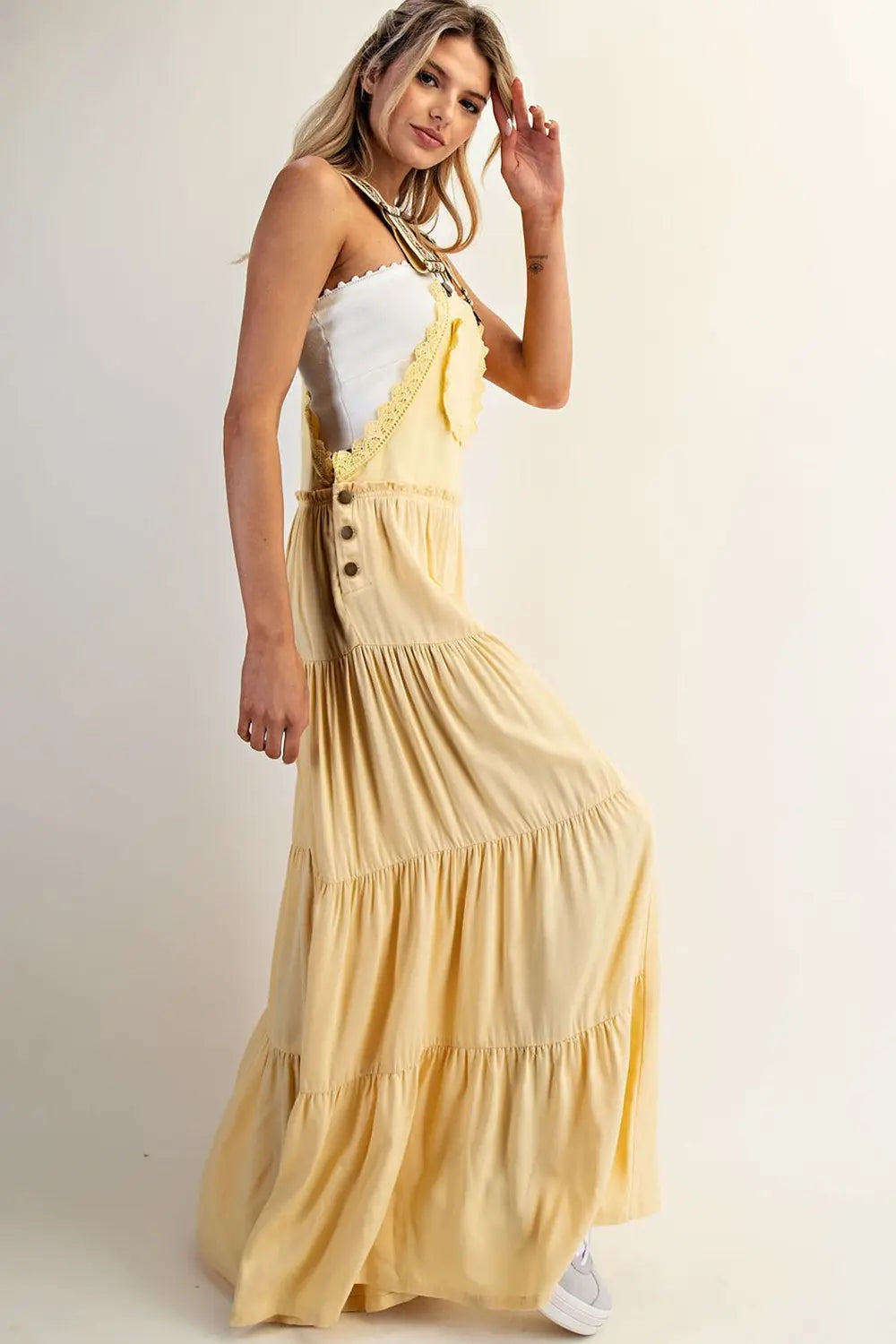 Lace Trim Tiered Wide Legged Overalls