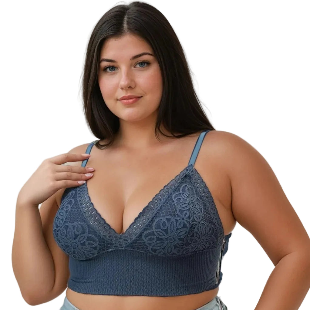 Curvy Lace V Neck Bralette in Slate Blue