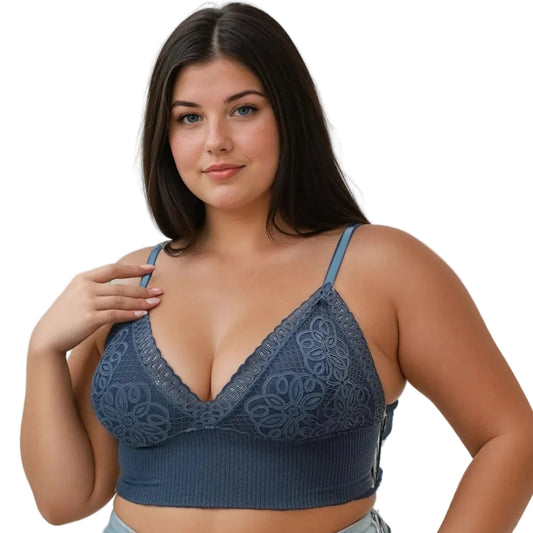 Curvy Lace V Neck Bralette in Slate Blue