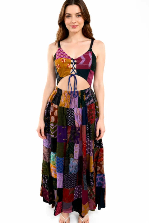 Handmade Patchwork Lace-Up Maxi Dress in Purple
