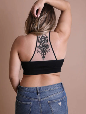 Curvy Tattoo Mesh Racerback Bralette in Black