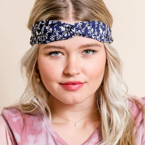 Floral Trailing Vine Twist Headwrap in Navy