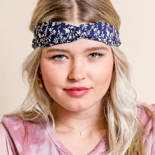 Floral Trailing Vine Twist Headwrap in Navy