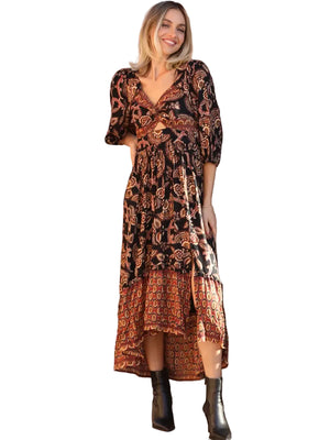 Boho Paisley Twist Front Cutout High Low Maxi Dress
