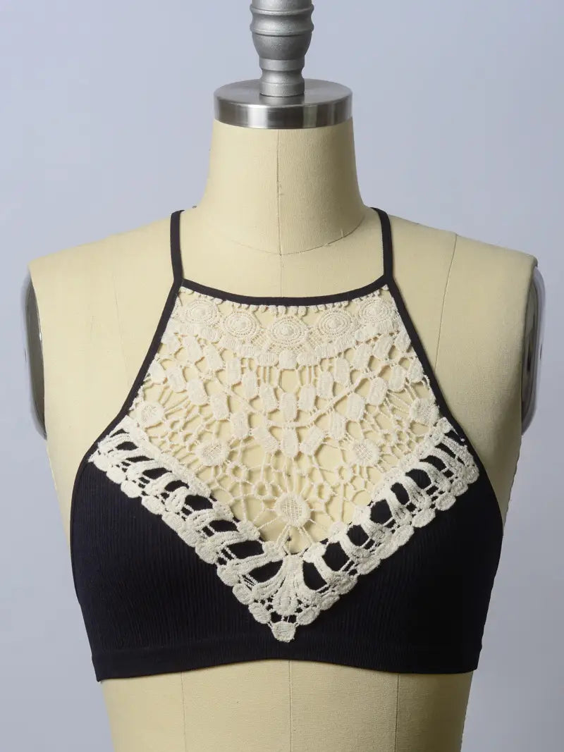 High Neck Crochet Bralette in Black