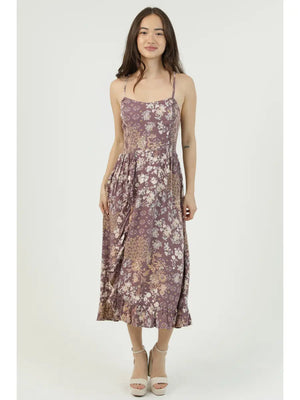 Floral Side-Smocked Racerback Midi Dress in Peppercorn