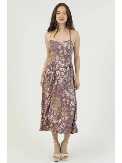 Floral Side-Smocked Racerback Midi Dress in Peppercorn