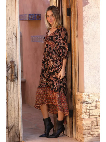 Boho Paisley Twist Front Cutout High Low Maxi Dress