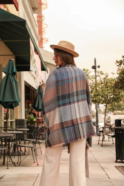 Plaid Fringe Shawl Wrap with Pockets in Light Pink