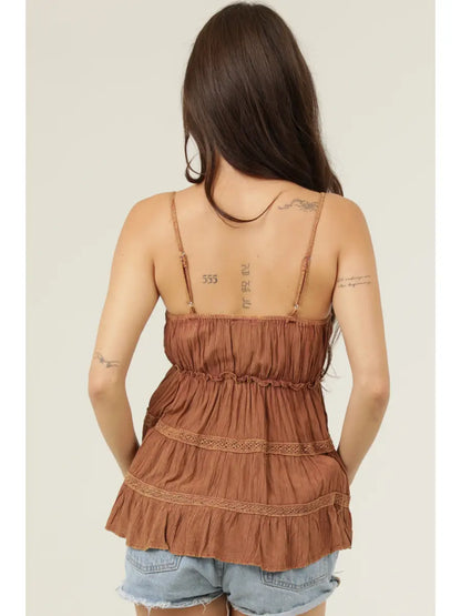 Acid-Wash Lace Trimmed Cami in Rust
