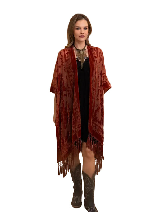 Rust Velvet Floral Burnout Kimono Duster with Tassels