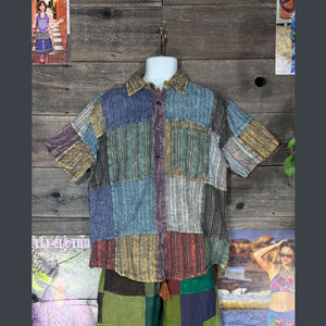 Jasper Nepali Striped Patchwork Over Dyed Button Up in Grey