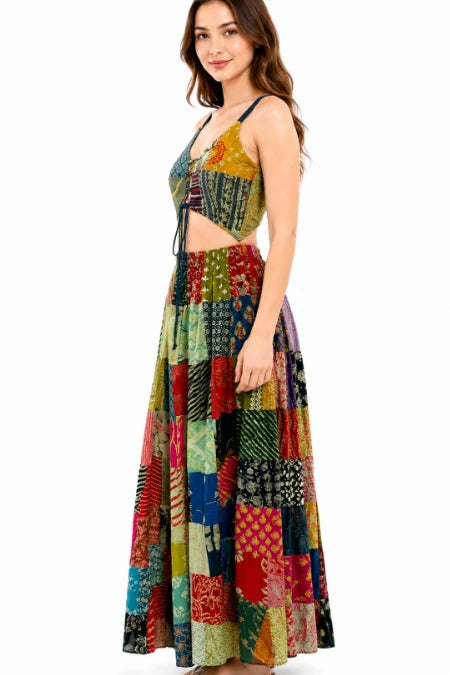 Handmade Patchwork Lace-Up Maxi Dress in Green