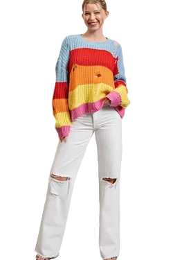 Distressed Rainbow Stripe Crochet Sweater