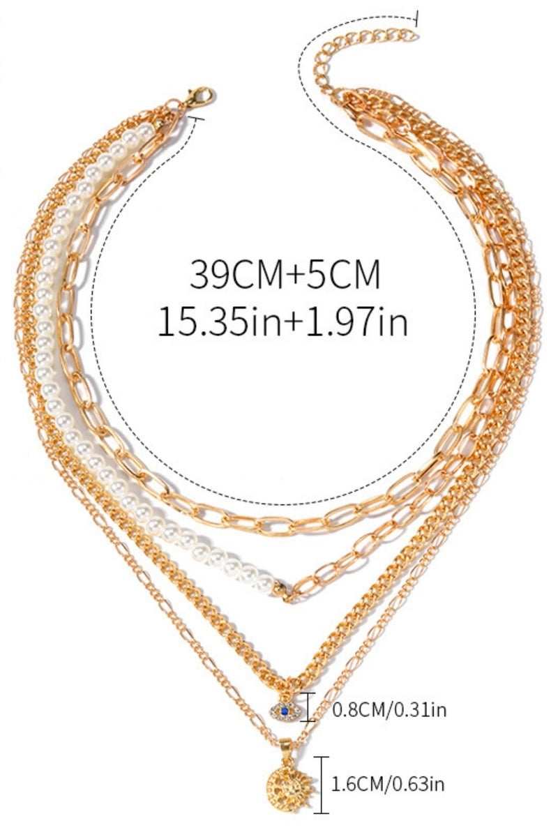 Gold Celestial Layered Necklace  with Pearl Accents, Evil Eye & Sun Moon Pendants