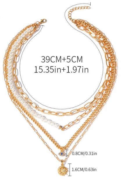 Gold Celestial Layered Necklace  with Pearl Accents, Evil Eye & Sun Moon Pendants