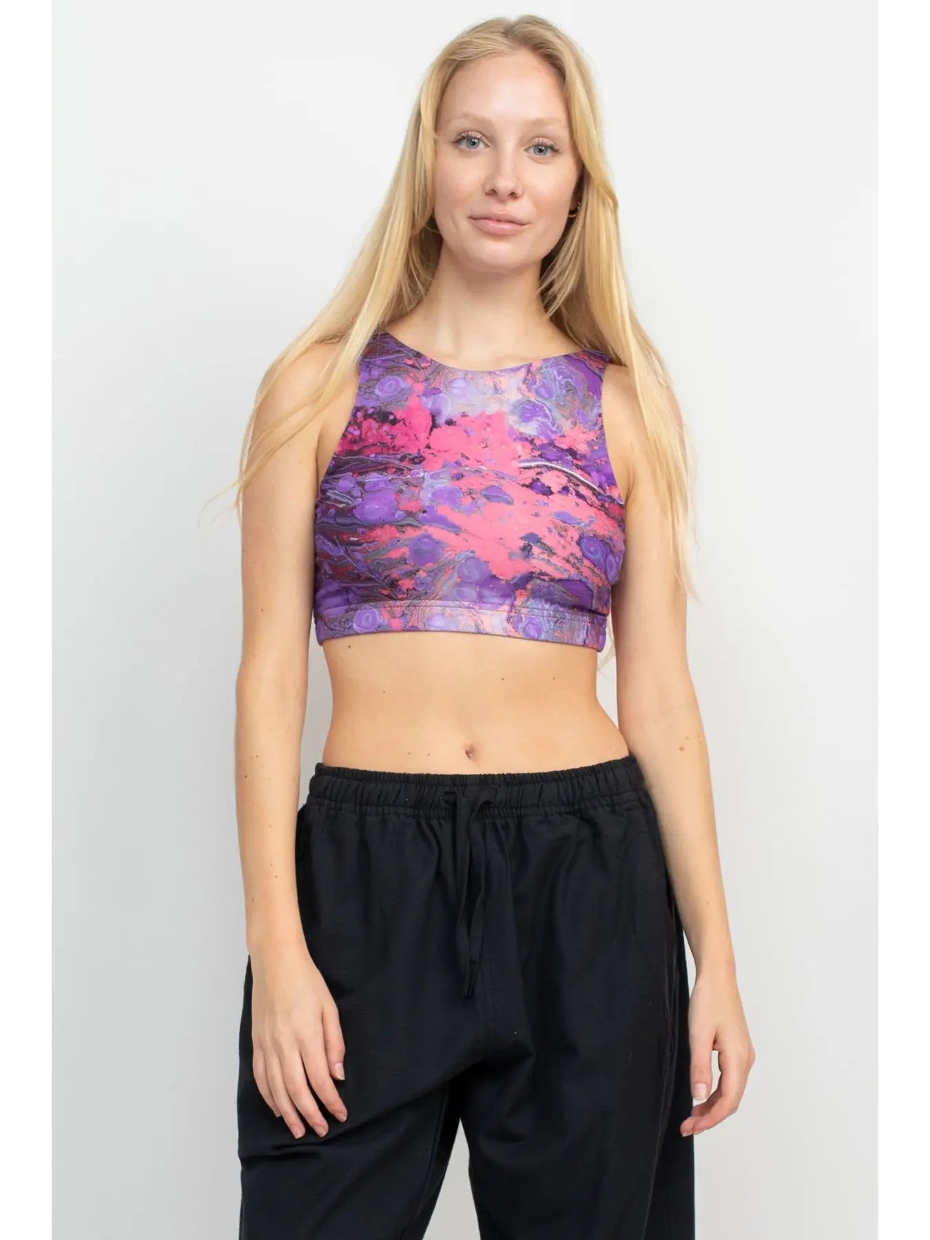 Psychedelic Marble Hi Neck Yoga Top in Purple