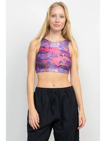 Psychedelic Marble Hi Neck Yoga Top in Purple