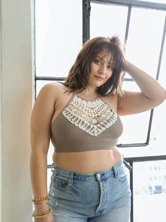 Crochet Lace Halter Bralette in Mocha - XL/2X