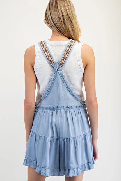 Lace Trim Tiered Sleeveless Romper in Denim Blue