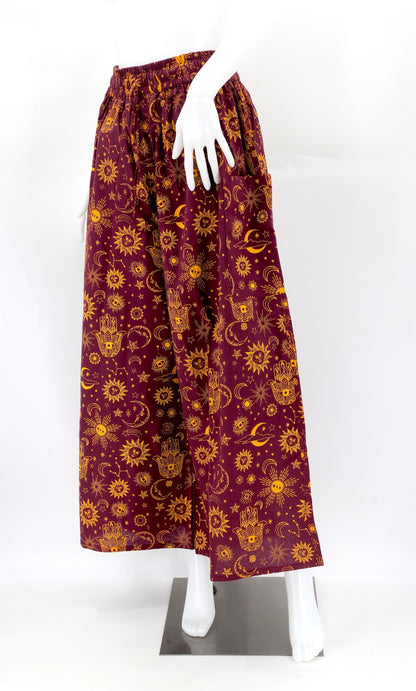 Celestial Print Wide-Leg Palazzo Pants in Burgundy