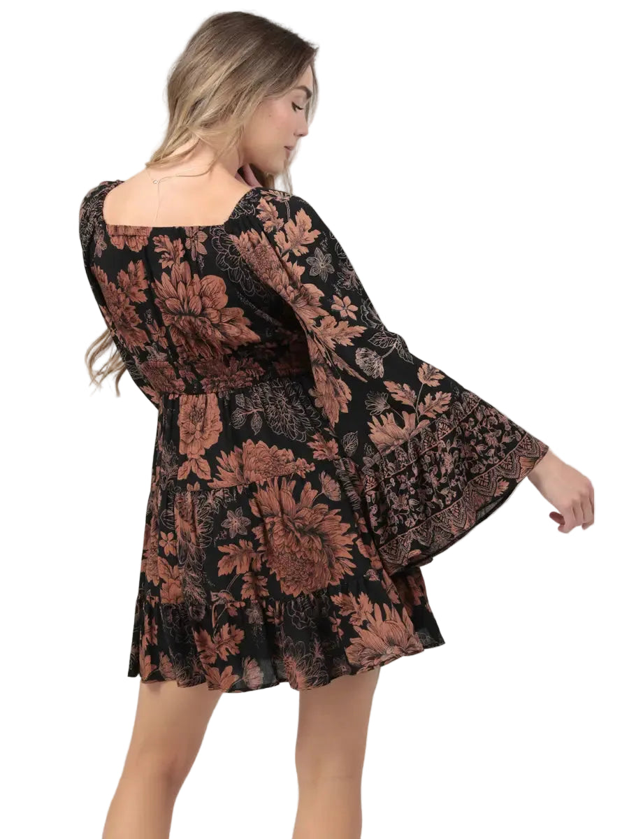 Dark Floral Bell Sleeve Ruffle Mini Dress