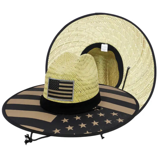 Black USA Flag Straw Lifeguard Hat