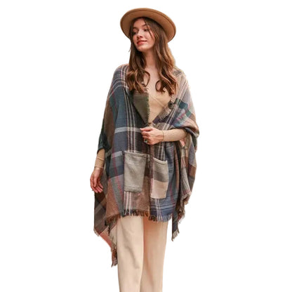 Plaid Fringe Shawl Wrap with Pockets in Light Pink