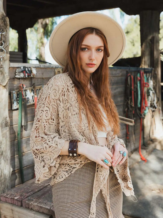 Crochet Floral Petal Kimono Wrap in Mocha