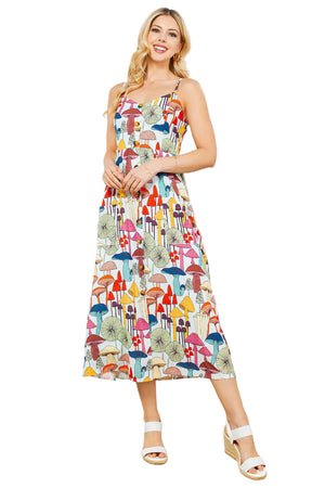 Whimsical Mushroom Print Midi Dress – Button-Front Smocked Cami Sundress with Pockets SALE