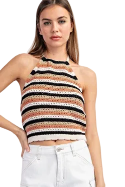 Striped Open Knit Crochet Halter top in Black and Taupe