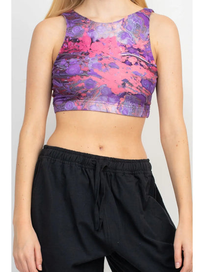 Psychedelic Marble Hi Neck Yoga Top in Purple