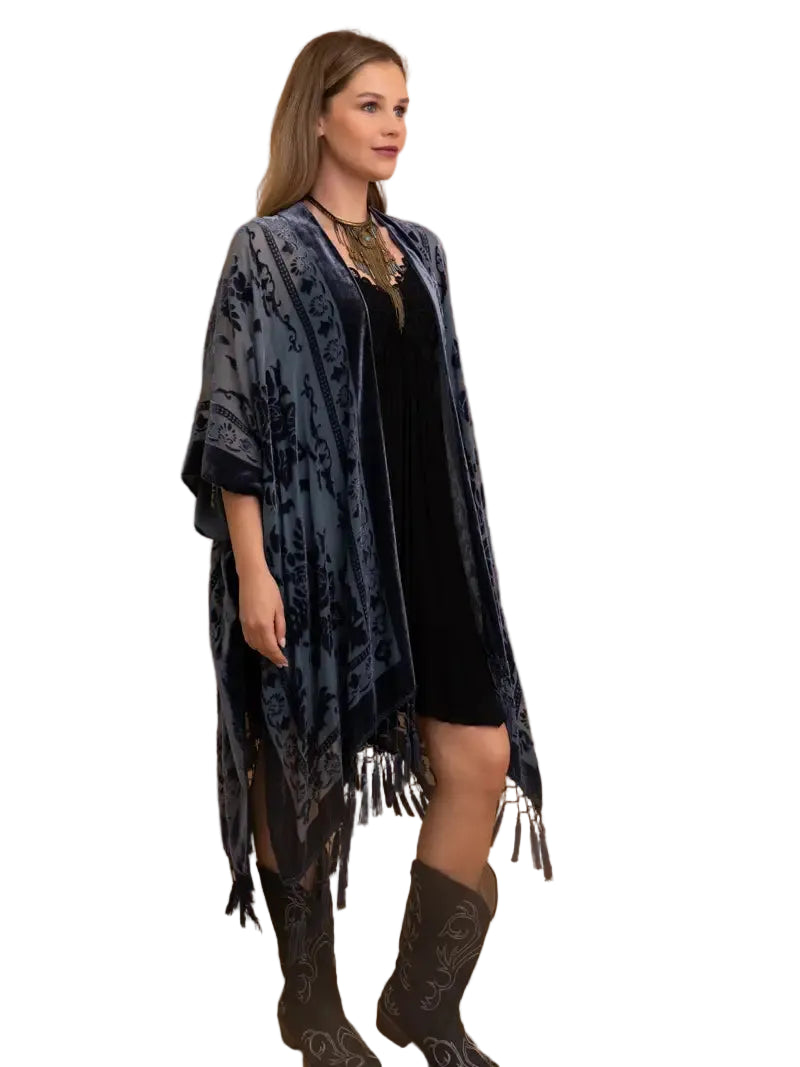 Blue Velvet Floral Burnout Kimono Duster with Tassels