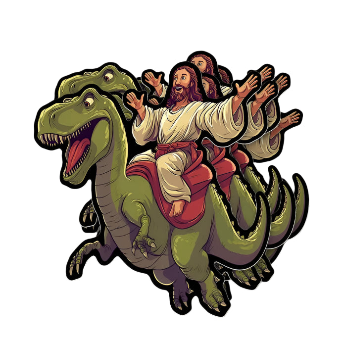 Jesus Riding A Dinosaur Sticker - 2"