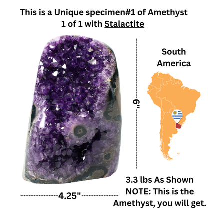 Polished Quartz Crystal Cluster –  3.325 lb Raw Amethyst Stone Rounded Edge and Stalactite  – Grade A+ Dark Purple