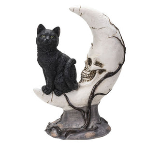 Black Cat on Moon Skull Figurine