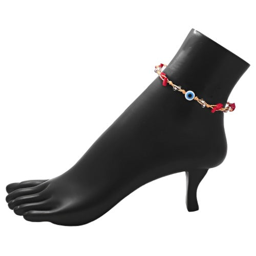 Pull Tie Anklet With Multi Color Chip Stones and Evil Eye