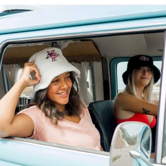 Peter Grimm x Grateful Dead Pink Dancing Bear Bucket Hat in Cream