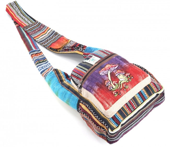 Tie Dyed Hemp Embroidered Frog and Mushroom Crossbody Bag