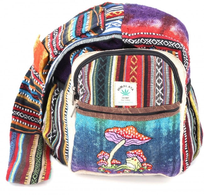 Tie Dyed Hemp Embroidered Frog and Mushroom Crossbody Bag