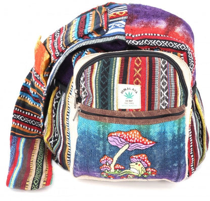 Tie Dyed Hemp Embroidered Frog and Mushroom Crossbody Bag