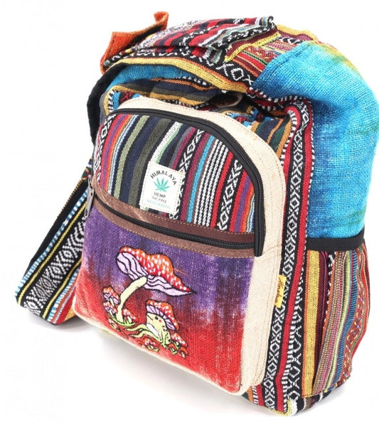 Tie Dyed Hemp Embroidered Frog and Mushroom Crossbody Bag
