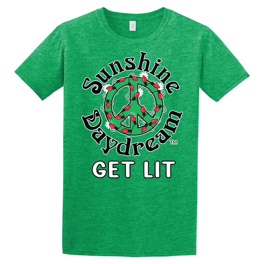 Sunshine Daydream Peace Wreath “Get Lit” T-Shirt – Heather Green SALE