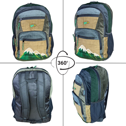 Patchwork Corduroy Backpack with Mountain Embroidered Applique