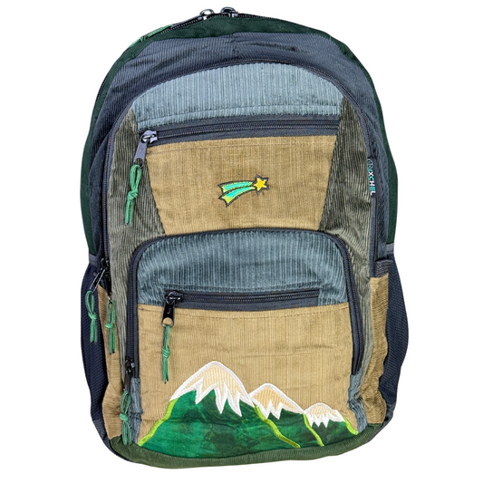 Patchwork Corduroy Backpack with Mountain Embroidered Applique