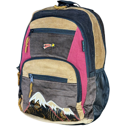 Patchwork Corduroy Backpack with Mountain Embroidered Applique