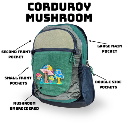Ixchel Cotton Corduroy & Denim with Mushroom Embroidery Backpack